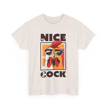 Front view of a stylish unisex Nice Cock graphic tee featuring a vibrant cartoon chicken design with sunglasses, set on an elegant light background.