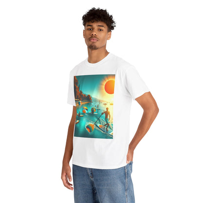 Luxury Paddleboarding T-Shirt from Dazzling Dreams Studio featuring a stunning paddleboarding scene, perfect for water sports enthusiasts seeking style and comfort.