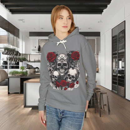 Elevate your style with this Unisex Lightweight Hooded Sweatshirt featuring a unique designer skull and roses graphic. Stylishly showcased on a model in a modern kitchen setting, this hoodie offers a perfect blend of luxury and comfort for trendsetters.