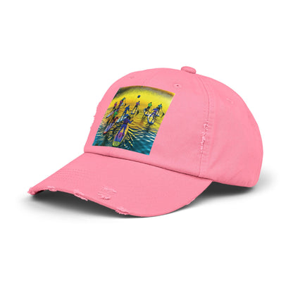 Unisex Distressed Paddleboarders Cap with Fantasy Scene showcased in vibrant pink, perfect for beach and river adventures.