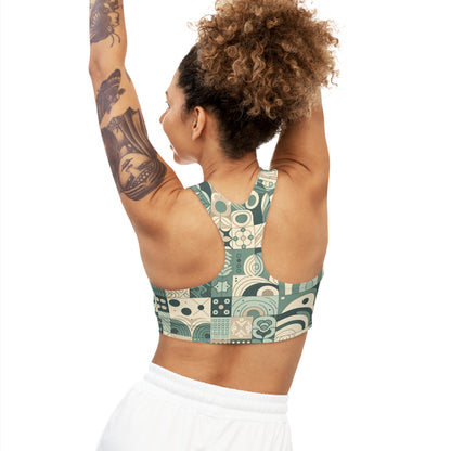 Back view of the Aurelia Starling Sports Bra, highlighting its stylish block print design in pastel green and comfortable fit for active lifestyles.