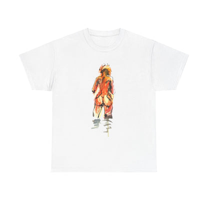 Luxury unisex graphic t-shirt featuring an artistic silhouette in warm hues of orange and red, embodying playful sophistication.