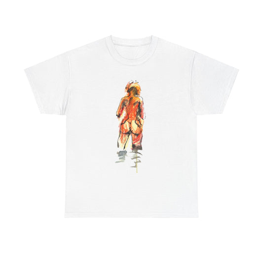 Luxury unisex graphic t-shirt featuring an artistic silhouette in warm hues of orange and red, embodying playful sophistication.