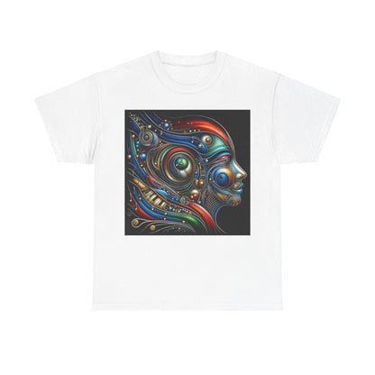 Elegant Stained Glass Dreams Unisex T-Shirt in white, adorned with a captivating abstract portrayal of a human face, featuring a harmonious blend of vibrant colours and detailed artistic elements.