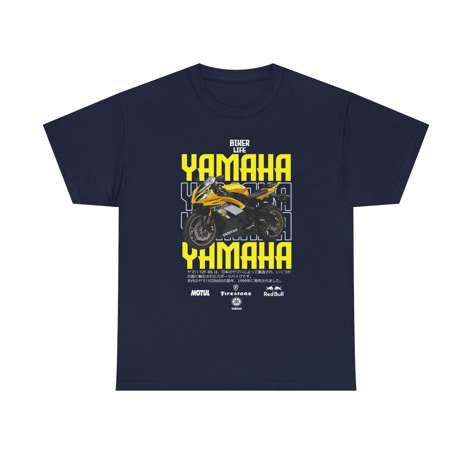 Sophisticated navy blue YAMAHA YZF-R6 biker life T-shirt with an impressive motorcycle graphic and striking yellow typography for a fashionable edge.