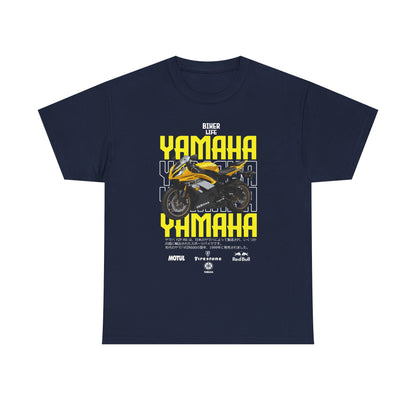 Sophisticated navy blue YAMAHA YZF-R6 biker life T-shirt with an impressive motorcycle graphic and striking yellow typography for a fashionable edge.