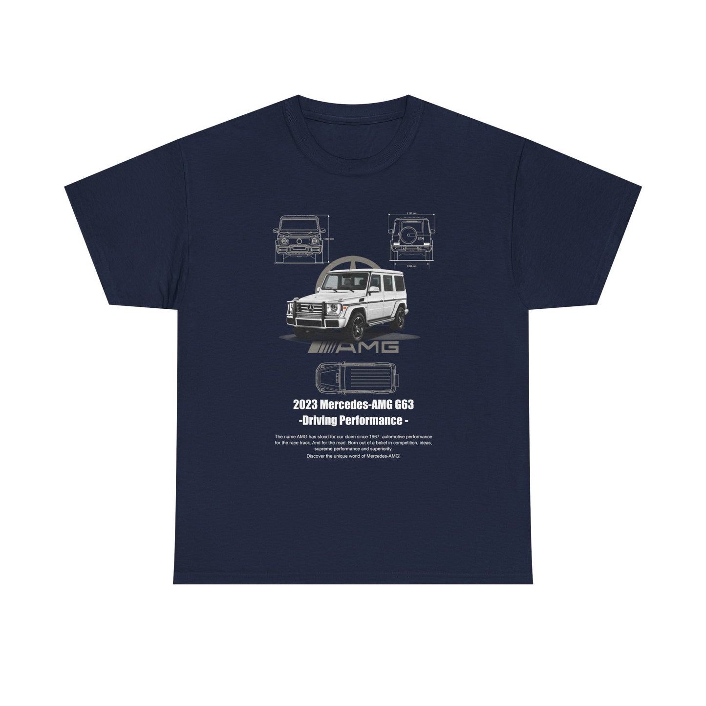 Sophisticated navy men's t-shirt featuring a striking 2023 Mercedes-AMG G63 design, embodying a blend of style and automotive passion.