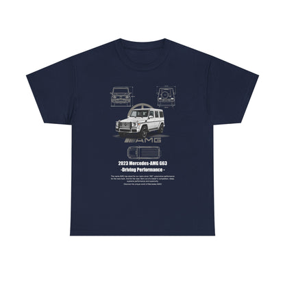 Sophisticated navy men's t-shirt featuring a striking 2023 Mercedes-AMG G63 design, embodying a blend of style and automotive passion.
