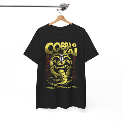 Sophisticated hanging Cobra Kai graphic t-shirt featuring a striking snake logo, an ideal blend of comfort and panache for casual or semi-formal occasions.