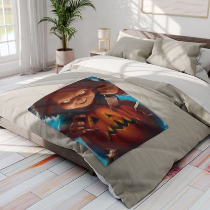 Luxurious Decorative and Warm Halloween Chucky Spooky Arctic Fleece Blanket displayed on a stylish bed, featuring a playful design with a menacing Chucky holding a jack-o'-lantern.