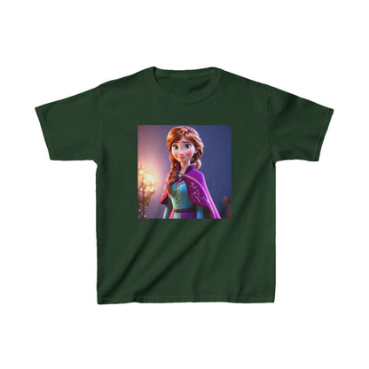 Kids Frozen Anna Heavy Cotton T-Shirt in forest green, featuring the iconic Anna from Disney's Frozen, combining comfort with charming luxury.