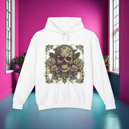 Elegant white Unisex Lightweight Hooded Sweatshirt with a striking skull and roses design, placed in a stylish interior.