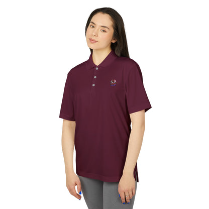 Front view of a model wearing the Adidas Unisex Performance Polo Shirt in burgundy, made from eco-friendly 100% recycled polyester, emphasizing comfort and style.