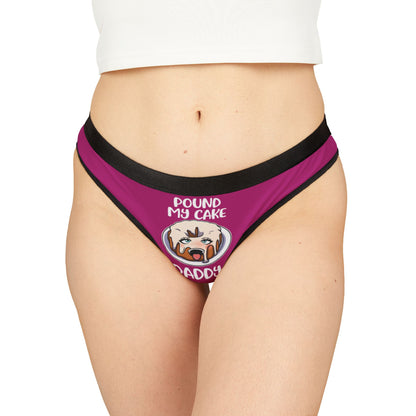 Luxurious women's thong in vibrant purple featuring playful 'Pound My Cake' graphic, designed for a cheeky yet elegant romantic gift.
