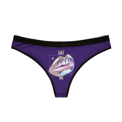 Elegant purple thong with a glamorous holographic lip graphic and metallic lettering, perfect for confident femininity