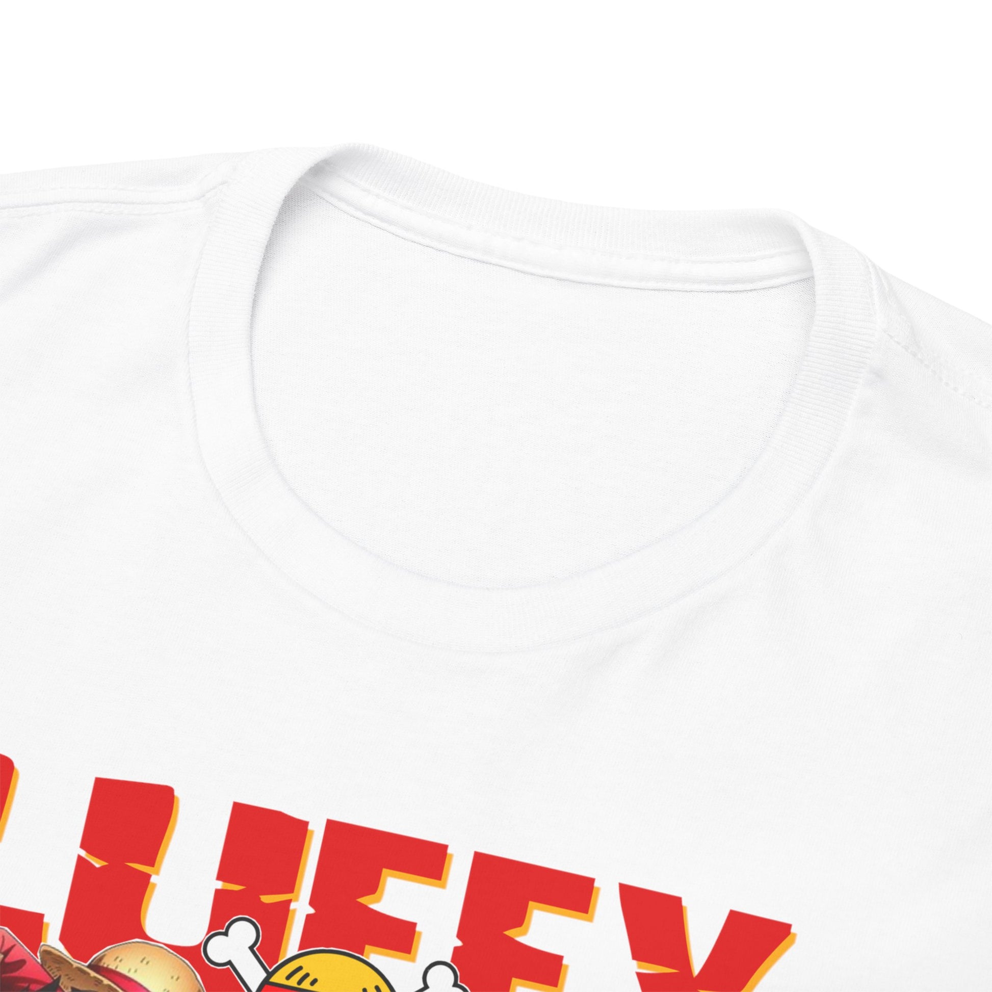 Close-up view of the luxurious white t-shirt collar, highlighting the premium fabric quality and vibrant anime artwork featuring heroic characters.