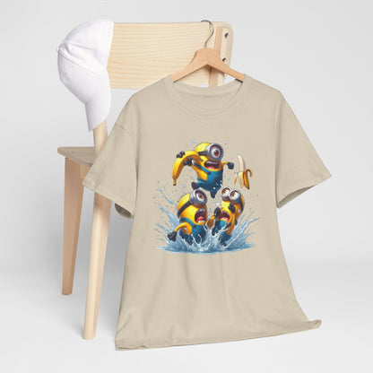 Mens Funny T-Shirt: Minions Banana Splash styled with a cap, showcasing Minions having a blast in the water. Ideal for casual outings! T Shirt, Funny, Minions.