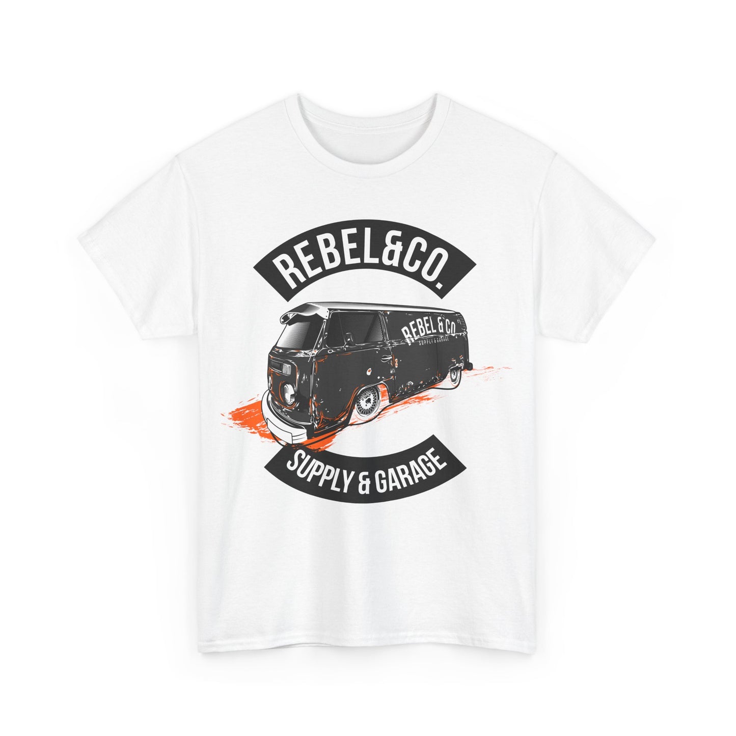 Elegant white men's t-shirt designed by Rebel & Co., adorned with a striking vintage camper van graphic, offering an adventurous style statement.