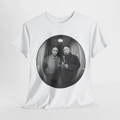 Stylish white cotton graphic t-shirt featuring a whimsical fisheye design of two notable leaders, embodying a humorous take on geopolitics. Perfect for casual wear and adding a witty statement to your wardrobe.