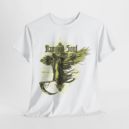 Luxurious white men's t-shirt featuring intricate Grim Reaper design with floral accents and the phrase 'Damned Soul' in gothic font, perfect for adding a dark gothic flair to your wardrobe.