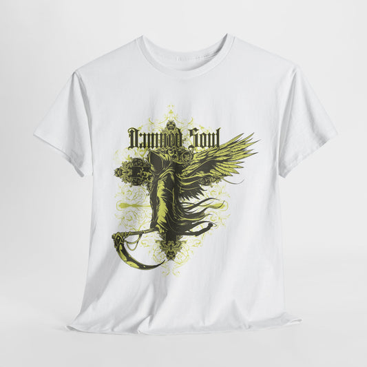 Luxurious white men's t-shirt featuring intricate Grim Reaper design with floral accents and the phrase 'Damned Soul' in gothic font, perfect for adding a dark gothic flair to your wardrobe.