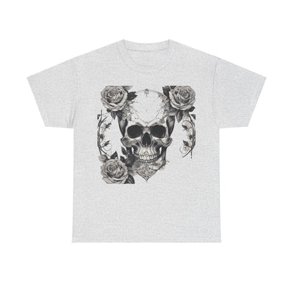 Chic Skulls and Roses Cotton Tee demonstrated flat, showcasing intricate steampunk art in a luxurious fashion context.