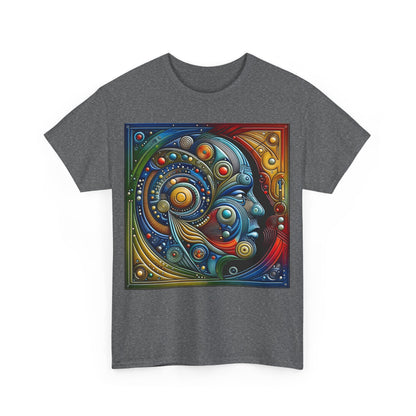 Front view of the stylish Stained Glass Dreams Unisex T-Shirt, adorned with vibrant abstract patterns, representing artistry and unique expression.