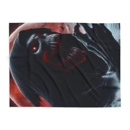 An atmospheric view of the Decorative and Warm Halloween Spooky Arctic Fleece Blanket, displaying a striking horror-themed illustration set against a mystical red moon.