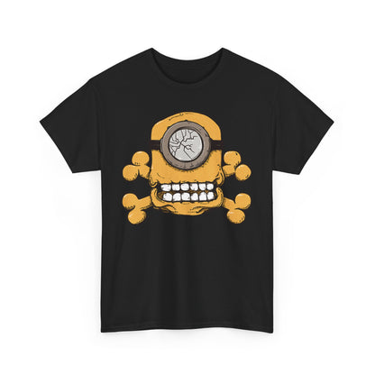 Minion Skull Unisex Men's Women's Graphic T Shirt Tee featuring a playful skull design with oversized glasses, perfect for fans of funny Minion-themed apparel. T Shirt, Funny, Minions.