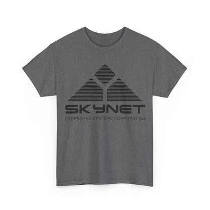 Front display of the Skynet Cyberdyne Systems - Terminator Retro Logo Graphic Tee featuring a stylish black logo on a premium dark grey backdrop.