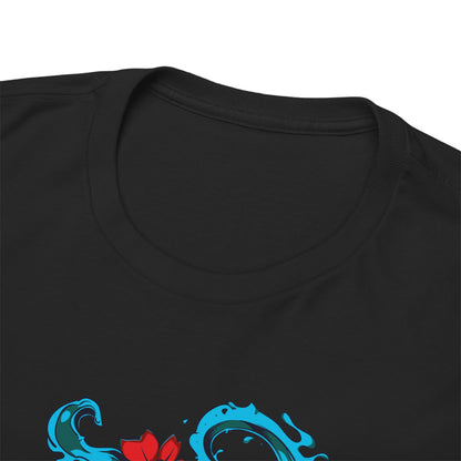 Close-up of a luxurious black t-shirt neckline showcasing a beautifully detailed skull graphic with floral motifs, crafted for exceptional quality and style.