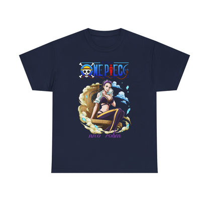 Elegant navy t-shirt presenting a captivating artwork of Nico Robin from One Piece, featuring bold colours and refined graphic elements.