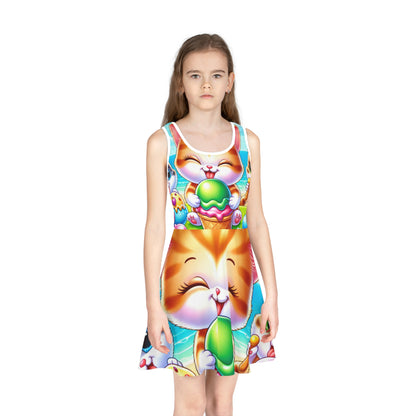 Enchanting girls sundress adorned with lively kittens and ice cream, crafted by Dazzling Dreams Studio for delightful summer adventures.