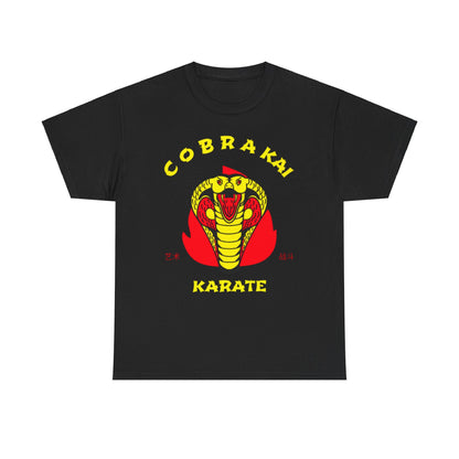 Elegant black graphic T-shirt featuring the iconic Cobra Kai karate emblem in vibrant yellow and red for a stylish nod to martial arts.