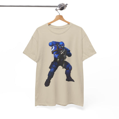 Chic beige graphic t-shirt showcased on a stylish hanger, featuring an eye-catching blue armoured soldier design, perfect for those who appreciate unique fashion statements.