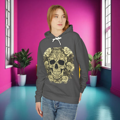 Skull and Roses Lightweight Hoodie, unisex edgy designer sweatshirt, showcased on a model in a stylish indoor setting with a vibrant background, highlighting its premium quality and unique design.