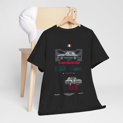 A modern black men's Aston Martin DB4 t-shirt displayed on a minimalist wooden chair, highlighting its unique design and automotive heritage.