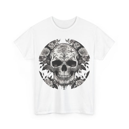 Front view of the Skulls and Roses Cotton Tee - Unisex Graphic Shirt highlighting a stunning skull and roses graphic, perfect for making a bold style statement.