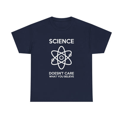 Refined navy Science Doesn't Care What You Believe graphic t-shirt, crafted from high-quality cotton, adorned with a striking atomic design.