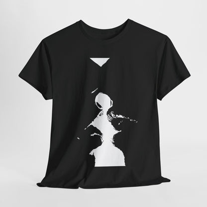 Elegant unisex graphic cotton t-shirt featuring a striking black and white design that captures an abstract romantic interaction between two figures, embodying playful seduction and artistry, perfect for an urban street style.