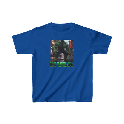 Elegant Kids Heavy Cotton Incredible Hulk T-Shirt in classic blue showcasing an eye-catching Hulk graphic - ideal for adventurous youngsters.