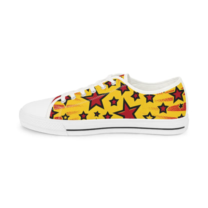 Side view of luxurious vibrant red pop-art low top sneakers with bold yellow star patterns, a must-have for stylish men.