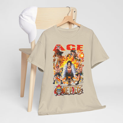 Luxurious one-piece t-shirt featuring a bold Ace graphic surrounded by flames, designed for anime enthusiasts, elegantly displayed on a wooden hanger with a coordinating cap.