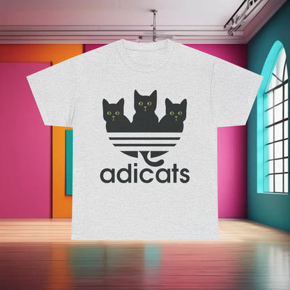 Bold Adicats Stripes Design on Trendsetting Funny Men’s T-Shirt, showcasing three black kittens lounging in a triangular formation, ready to steal the show!