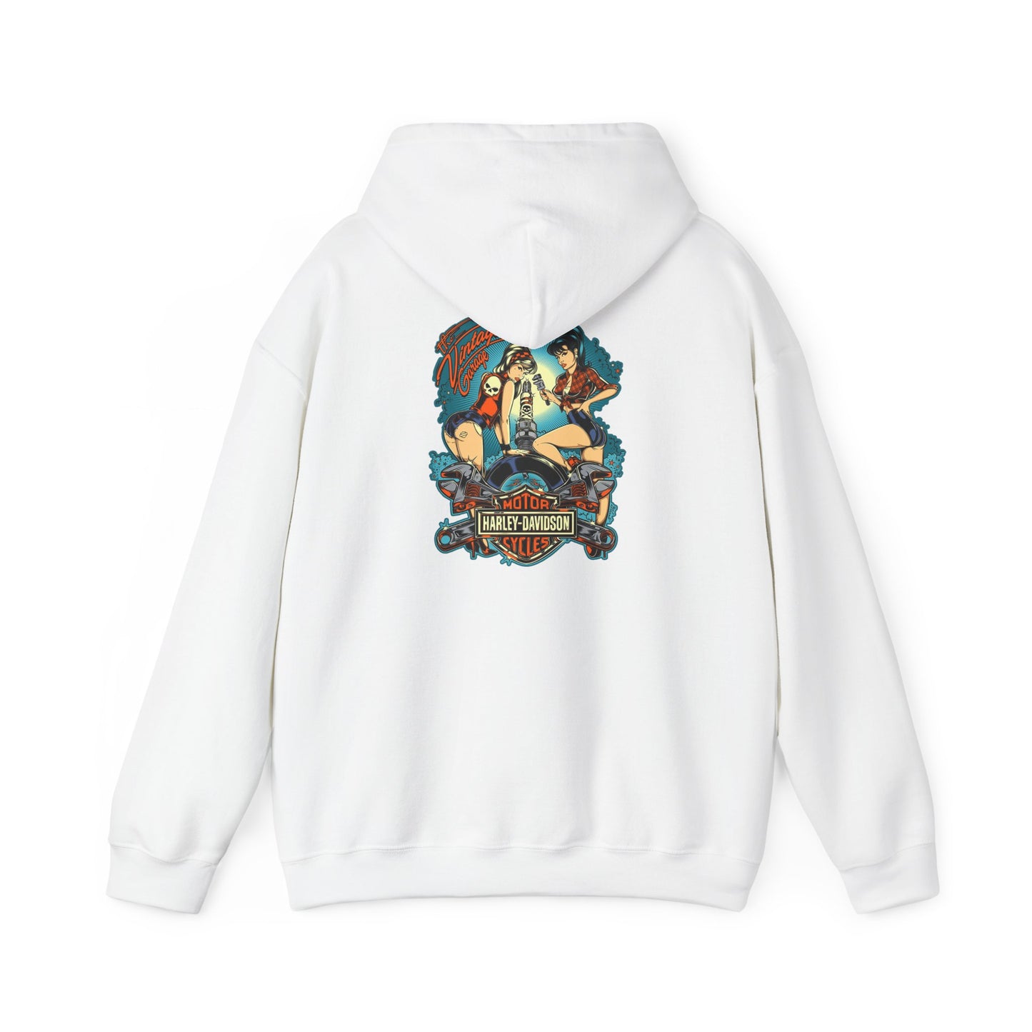 Elegant vintage garage hoodie featuring a striking back print of two pin-up women working on a motorcycle, exuding retro charm against a vibrant teal-blue background from Dazzling Dreams Studio.
