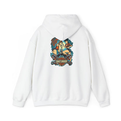 Elegant vintage garage hoodie featuring a striking back print of two pin-up women working on a motorcycle, exuding retro charm against a vibrant teal-blue background from Dazzling Dreams Studio.