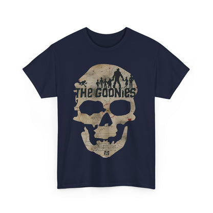 Chic The Goonies Graphic T-Shirt displaying a sophisticated skull silhouette fused with a mapping background, a perfect blend of nostalgia and urban flair.