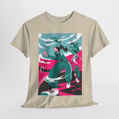 Luxury graphic cotton t-shirt featuring a vibrant illustration inspired by a popular survival game theme, showcasing dynamic characters in stylish urban attire against a modern artistic background.
