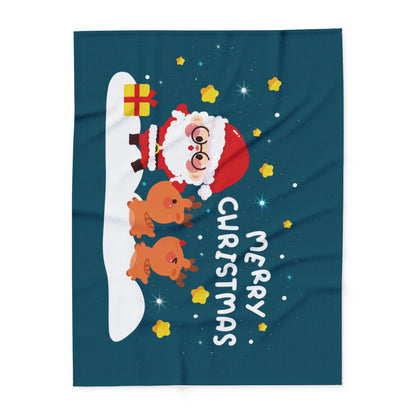 Decorative and Warm Christmas Arctic Fleece Blanket featuring a whimsical Santa Claus with two reindeer and a festive 'Merry Christmas' message on a charming dark blue backdrop.