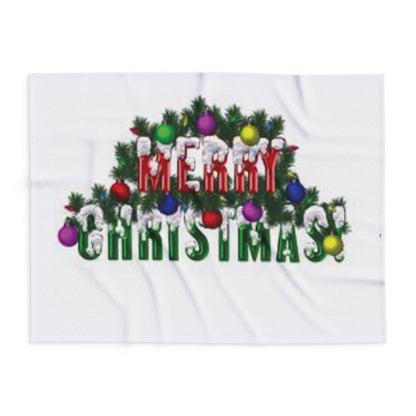 Close-up view of the Decorative and Warm Christmas Arctic Fleece Blanket featuring a cheerful 'Merry Christmas!' print surrounded by colourful ornaments, perfect for festive celebrations.